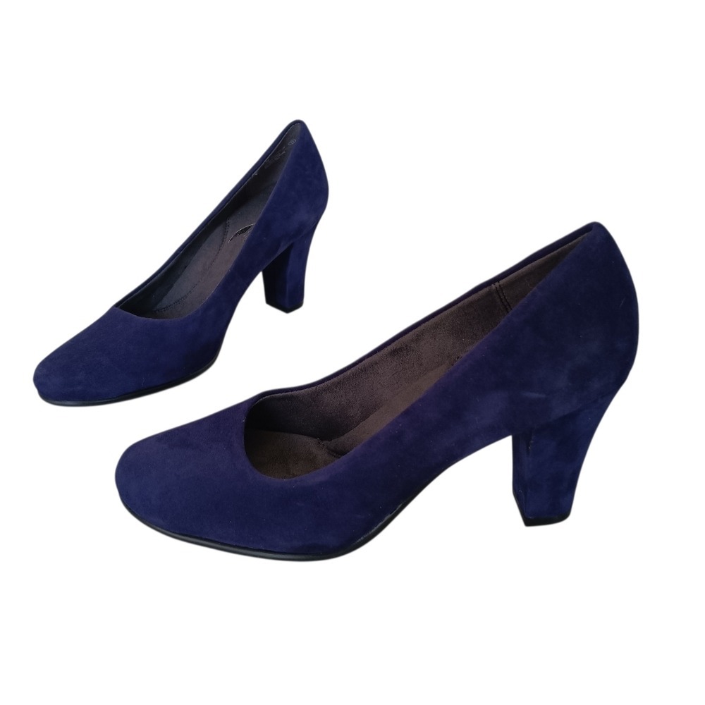 Aerosoles Dolled Up Pumps Women 7.5 Navy Blue Suede Block Heel Round Toe